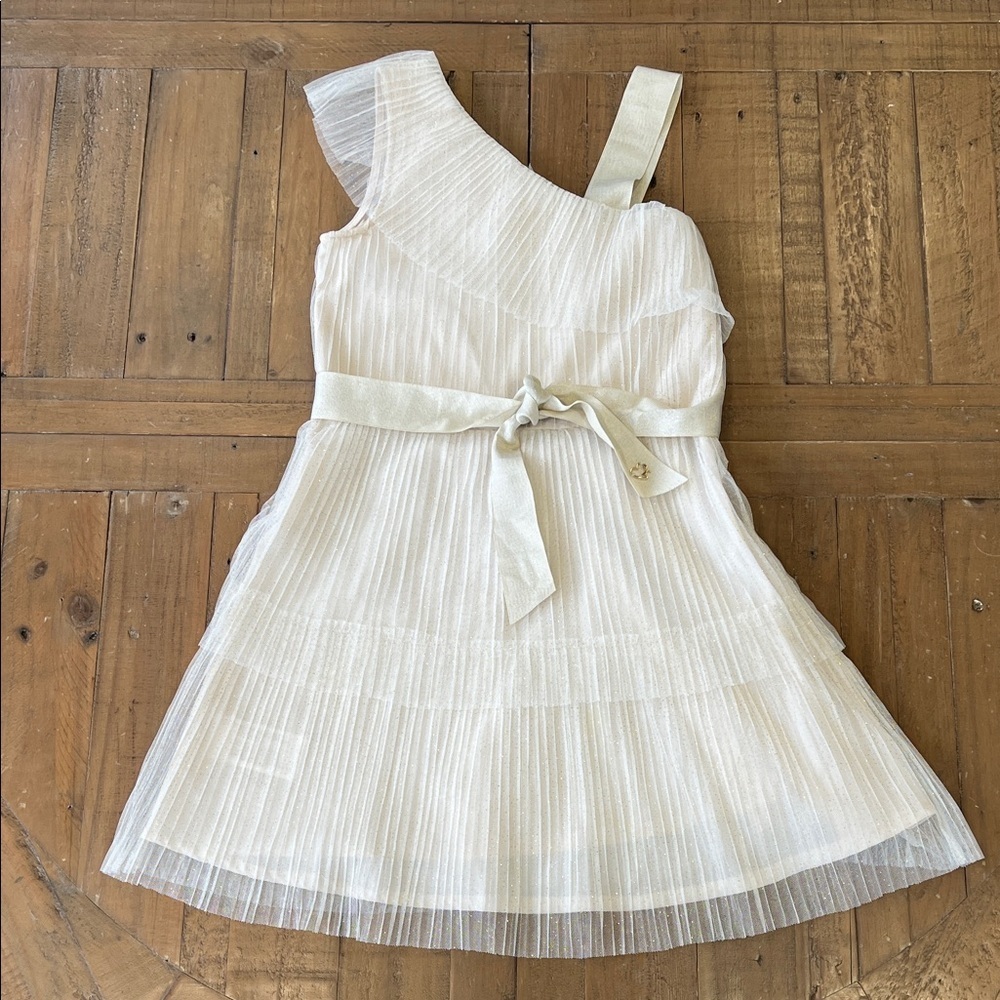 Mayoral ivory pleated tulle dress girls 12 asymmetrical shoulder gold metallic